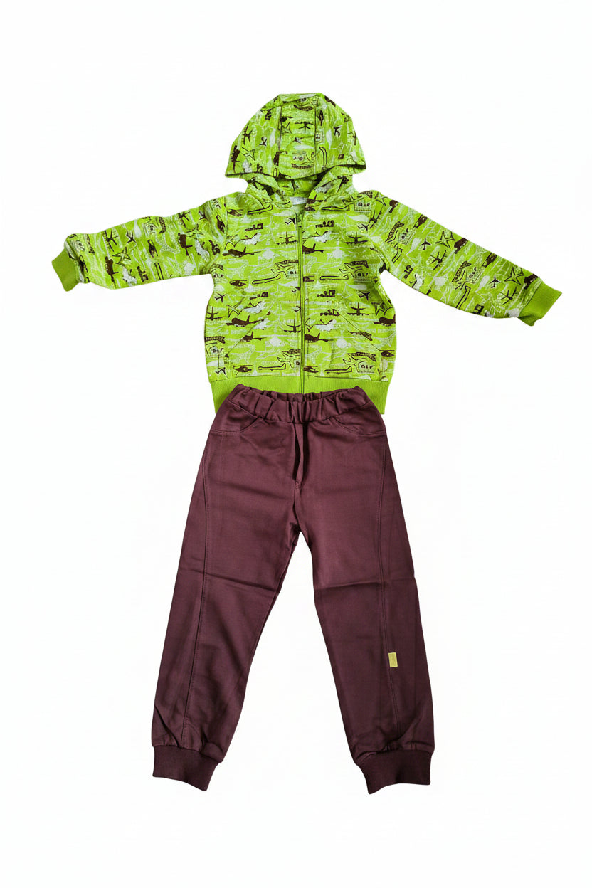DANY Air Power green hooded sweatshirt and brown trousers set front, 98 cm, 100% cotton