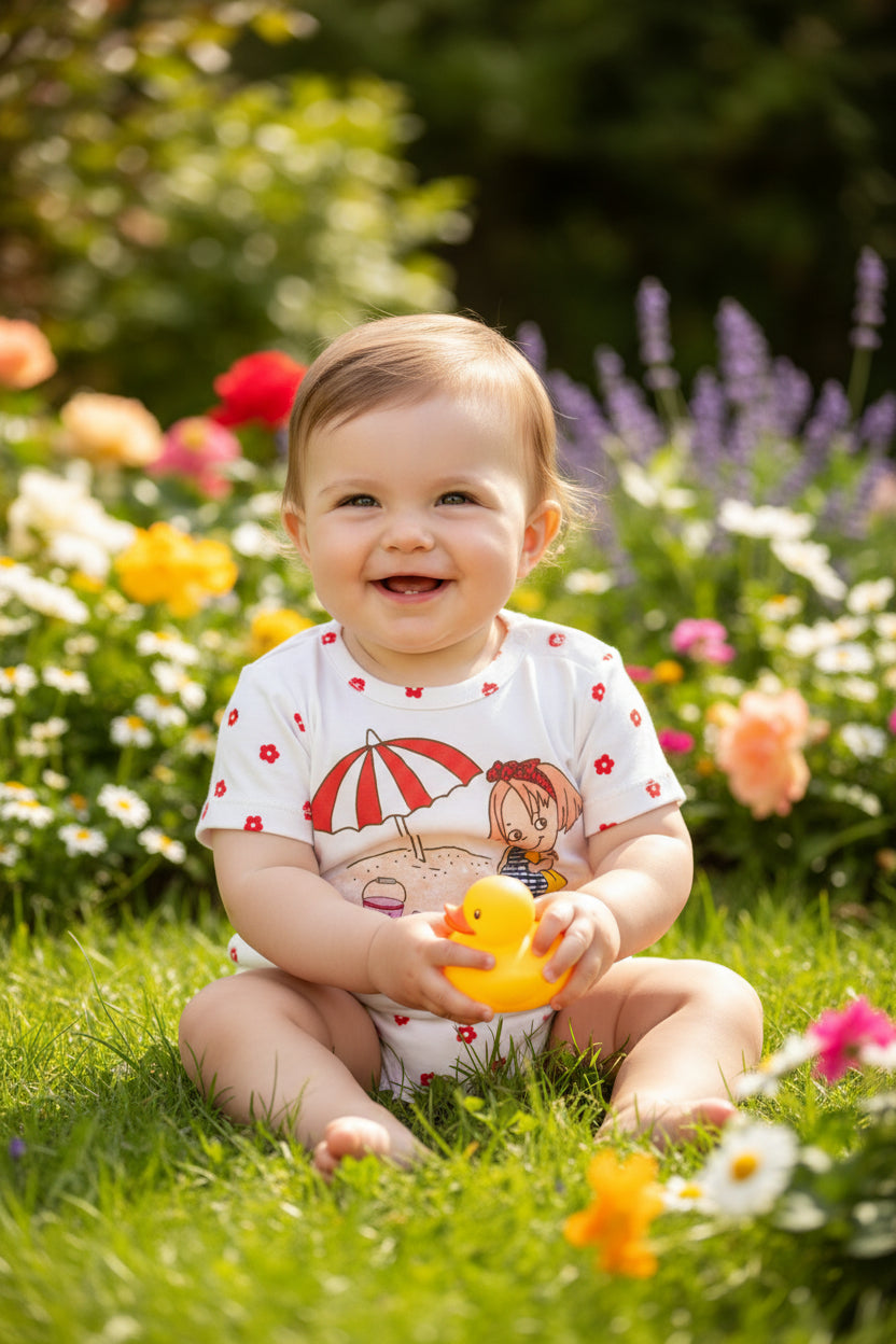 DANY baby short sleeve T-shirt front, beach print, 9-12 months, 100% cotton