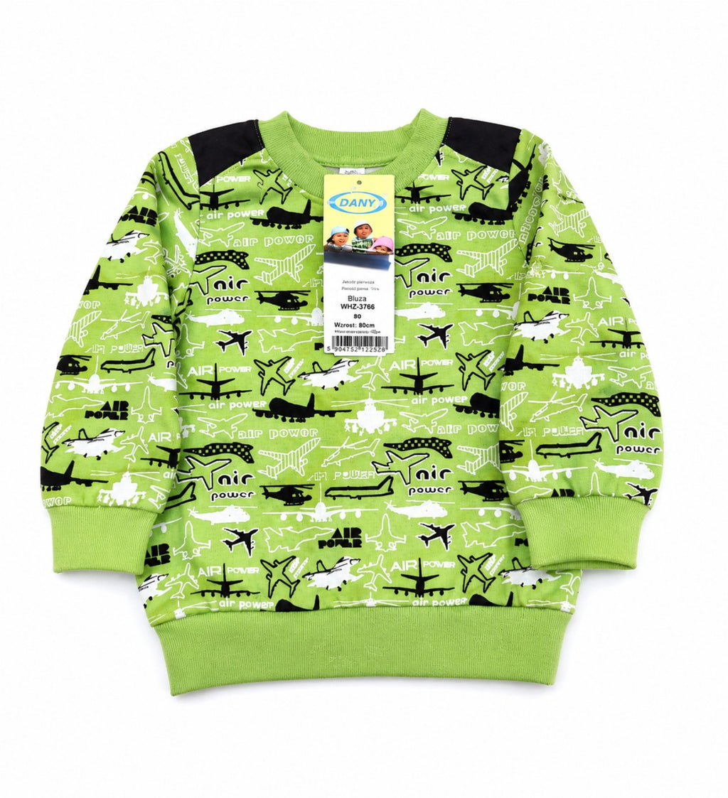 DANY green airplane print baby sweatshirt front view size 80 cm
