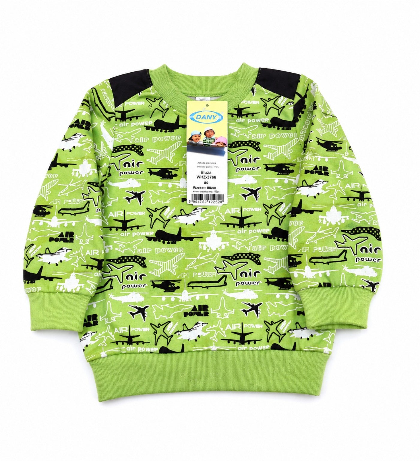 DANY green airplane print baby sweatshirt front view size 80 cm