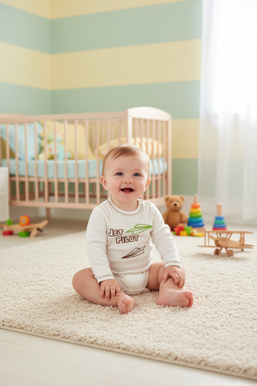 DANY long sleeve bodysuit front, Jet Pilot print, 2T, 92 cm, 100% cotton