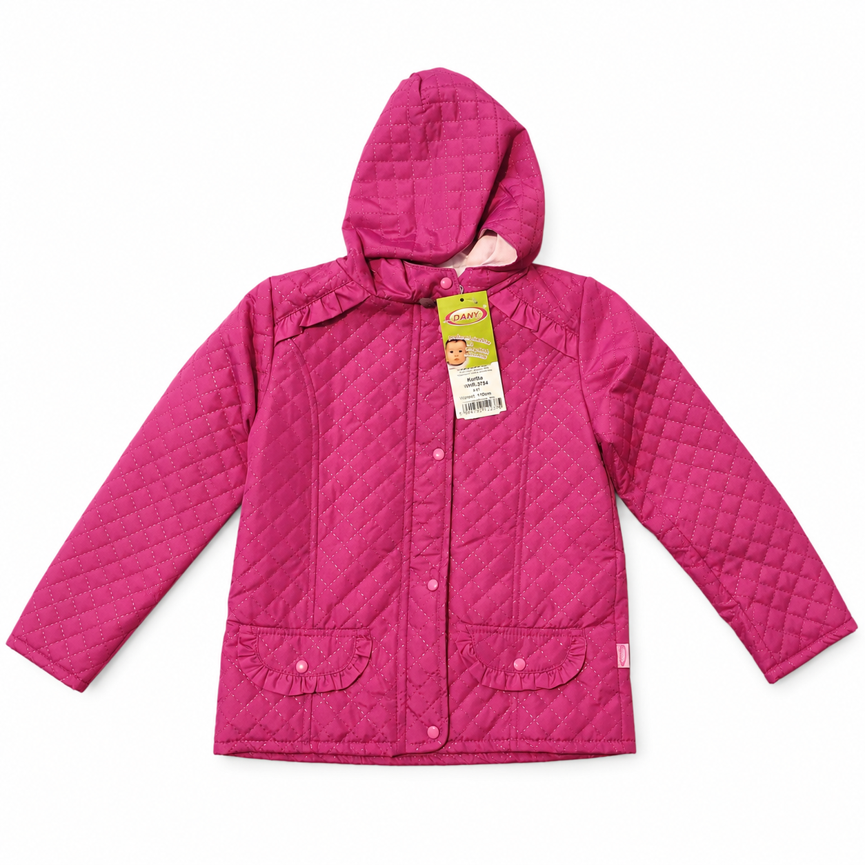 DANY pink quilted hooded jacket front view on white background