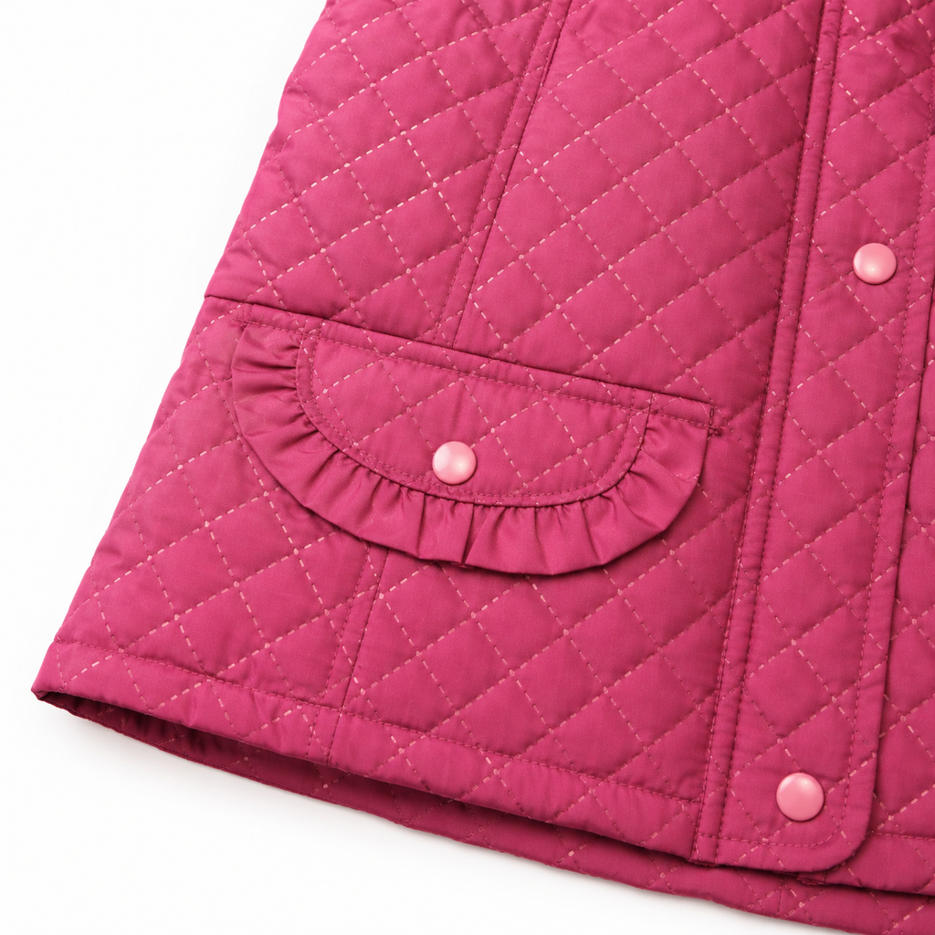 DANY pink quilted jacket pocket detail on white background