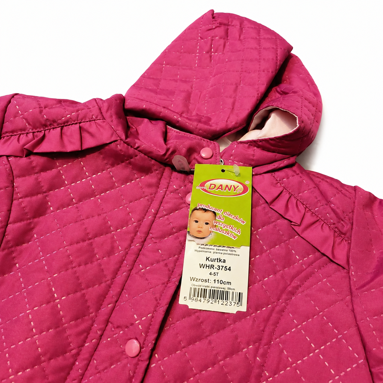 DANY pink quilted jacket tag detail on white background