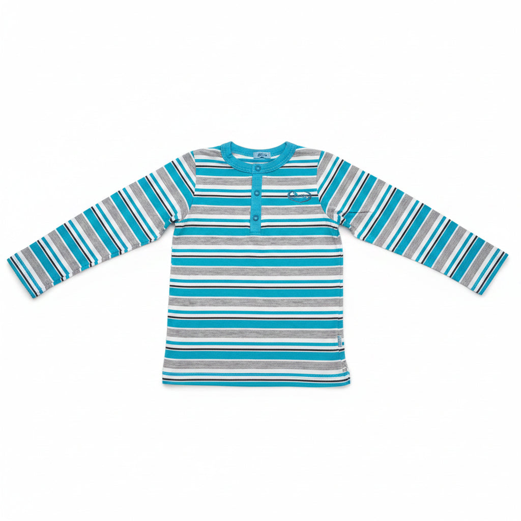 DANY striped long sleeve top front, turquoise grey white stripes, 4-5T, 110 cm, 100% cotton