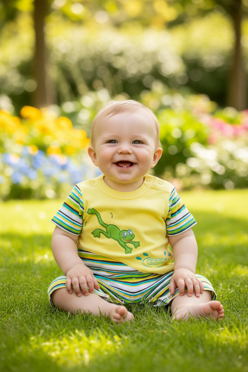 DANY yellow frog print baby romper front, 18 months, 86 cm, 100% cotton